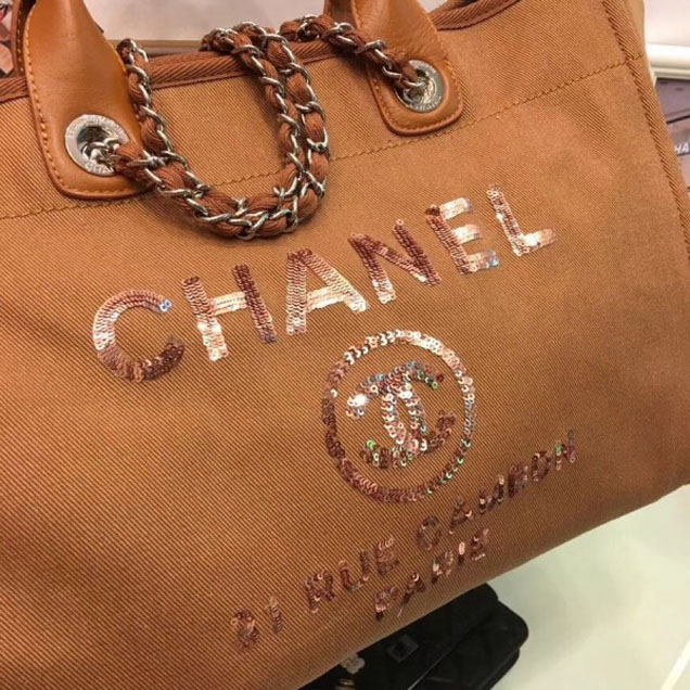 Chanel Canvas with Sequins Deauville Tote Medium Shopping Bag A66941 Caramel