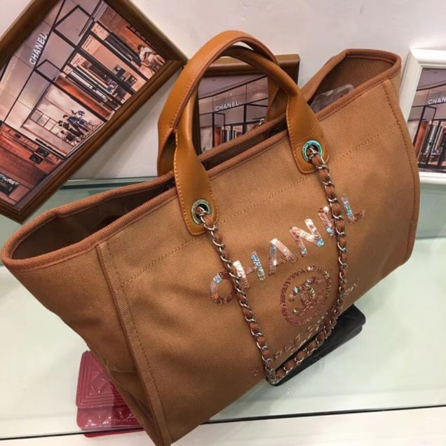 Chanel Canvas with Sequins Deauville Tote Medium Shopping Bag A66941 Caramel