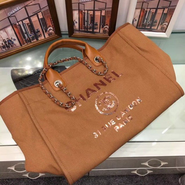 Chanel Canvas with Sequins Deauville Tote Medium Shopping Bag A66941 Caramel