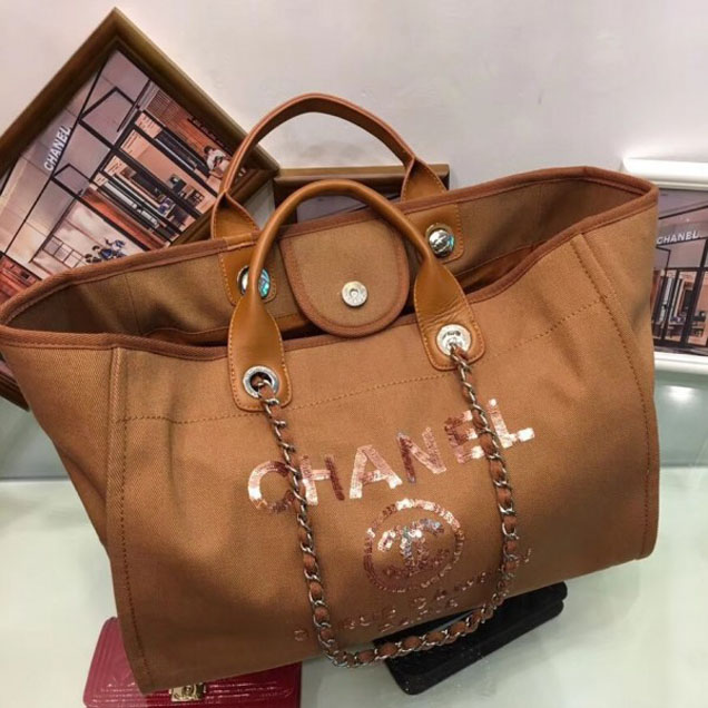 Chanel Canvas with Sequins Deauville Tote Medium Shopping Bag A66941 Caramel