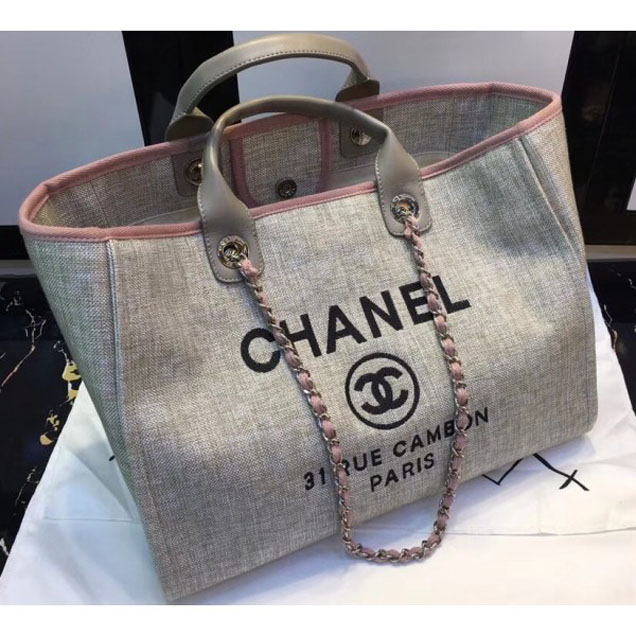 Chanel Deauville Canvas Tote Medium Shopping Bag Beige/Pink