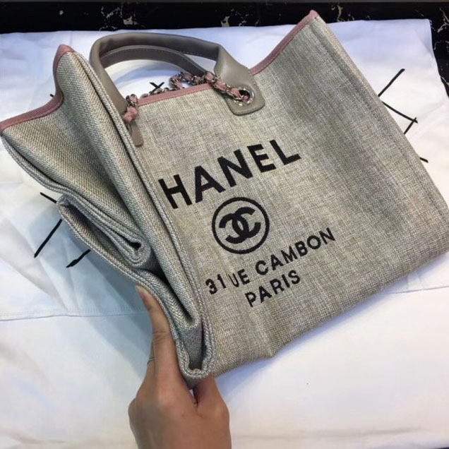 Chanel Deauville Canvas Tote Medium Shopping Bag Beige/Pink