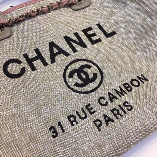 Chanel Deauville Canvas Tote Medium Shopping Bag Beige/Pink