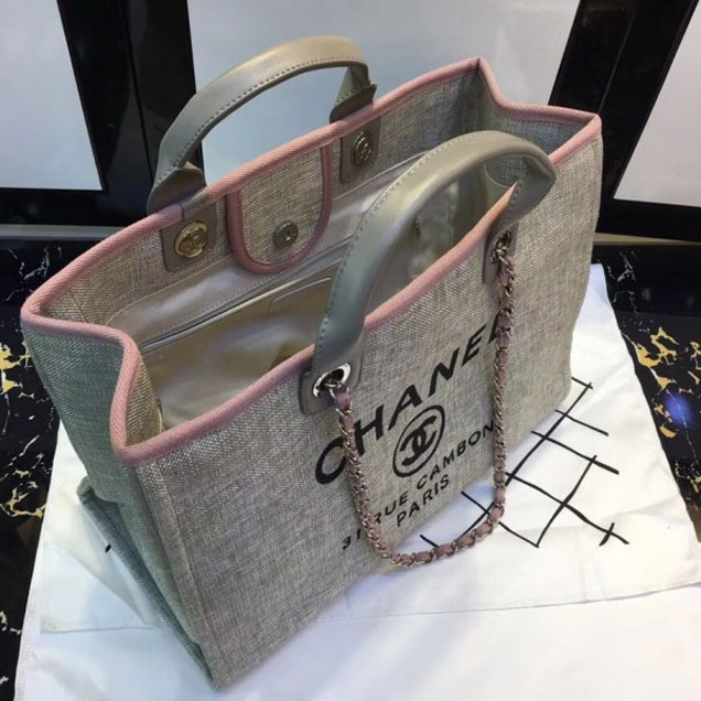 Chanel Deauville Canvas Tote Medium Shopping Bag Beige/Pink