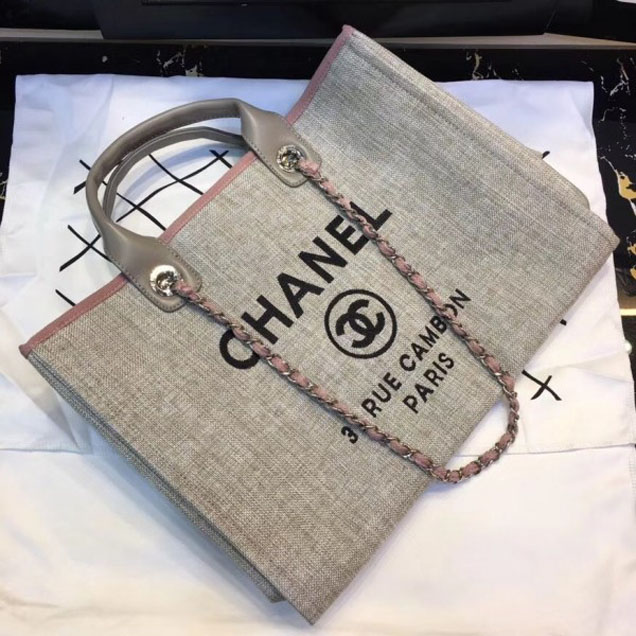 Chanel Deauville Canvas Tote Medium Shopping Bag Beige/Pink