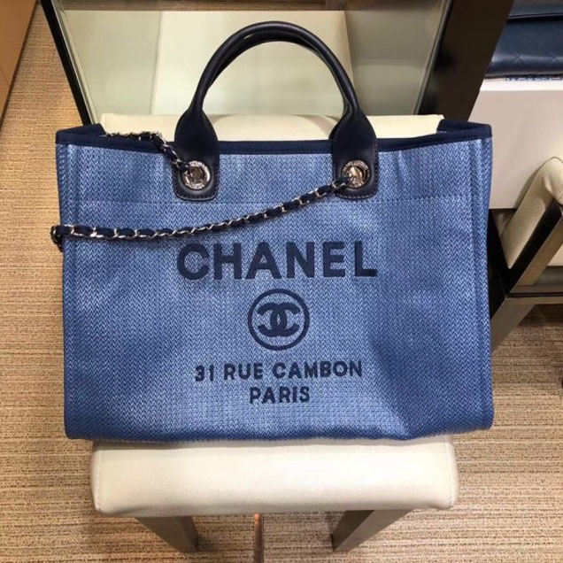 Chanel Deauville Canvas Tote Medium Shopping Bag Blue