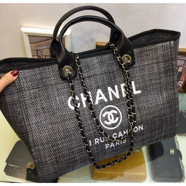 Chanel Deauville Canvas Tote Medium Shopping Bag Dark Gray/Black