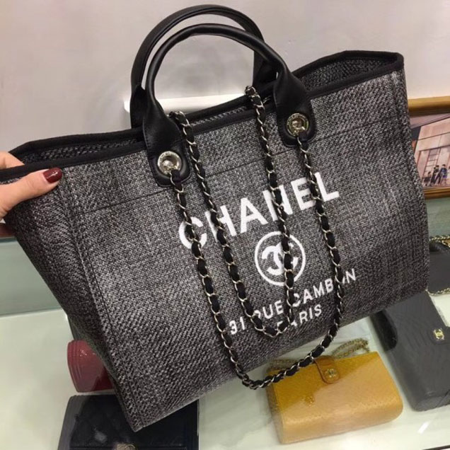 Chanel Deauville Canvas Tote Medium Shopping Bag Dark Gray/Black