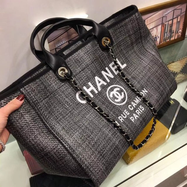 Chanel Deauville Canvas Tote Medium Shopping Bag Dark Gray/Black
