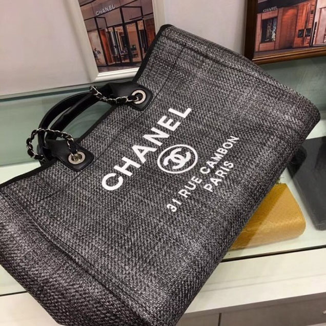 Chanel Deauville Canvas Tote Medium Shopping Bag Dark Gray/Black