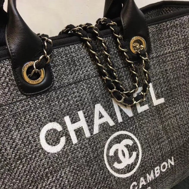 Chanel Deauville Canvas Tote Medium Shopping Bag Dark Gray/Black