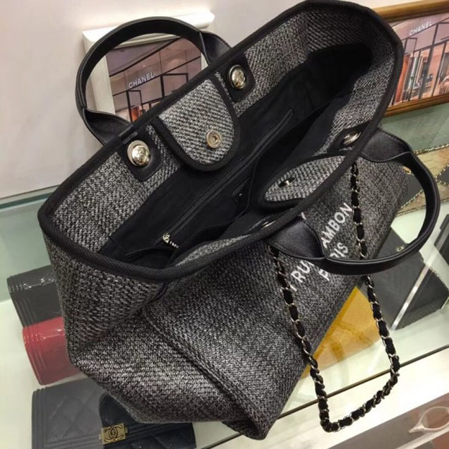 Chanel Deauville Canvas Tote Medium Shopping Bag Dark Gray/Black
