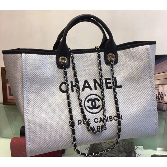 Chanel Deauville Canvas Tote Medium Shopping Bag White/Black