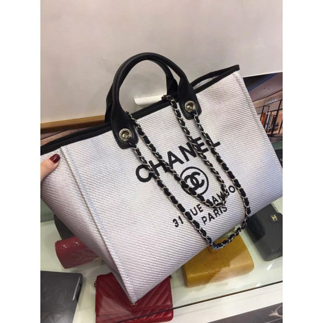 Chanel Deauville Canvas Tote Medium Shopping Bag White/Black