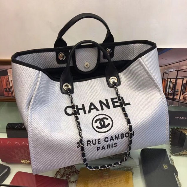 Chanel Deauville Canvas Tote Medium Shopping Bag White/Black
