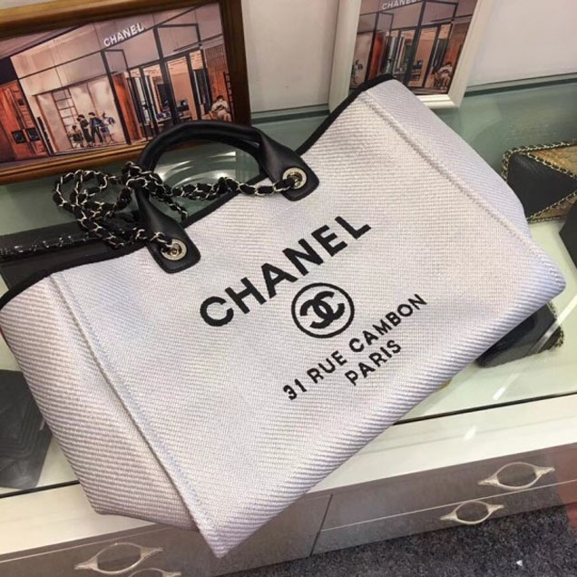 Chanel Deauville Canvas Tote Medium Shopping Bag White/Black