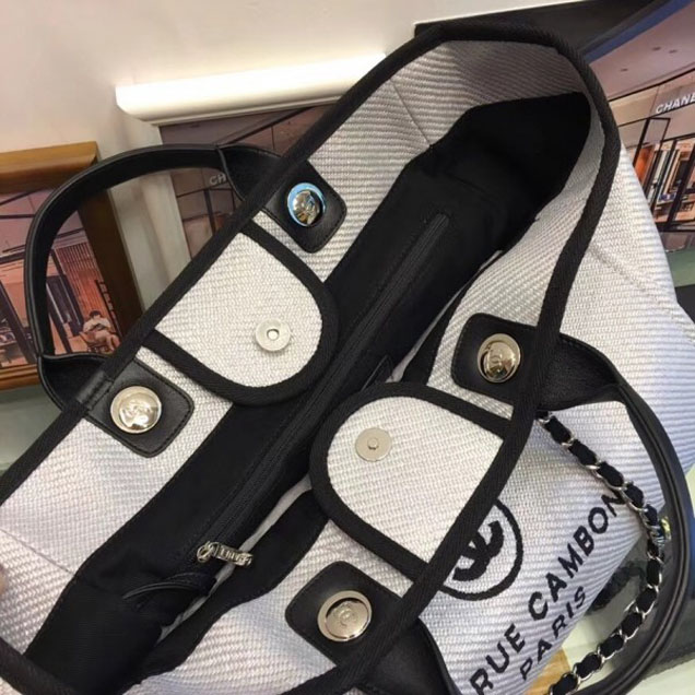 Chanel Deauville Canvas Tote Medium Shopping Bag White/Black