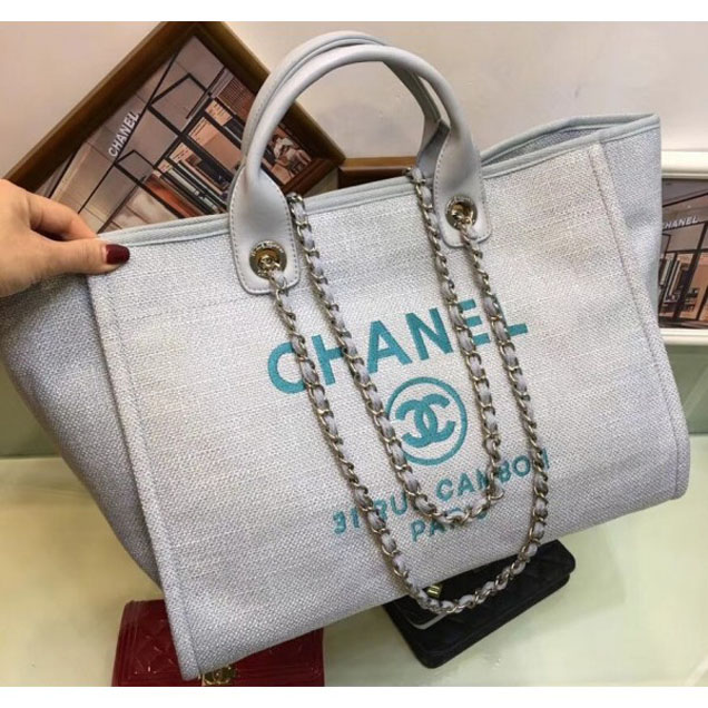 Chanel Deauville Canvas Tote Medium Shopping Bag Pale Gray/Green