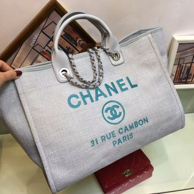 Chanel Deauville Canvas Tote Medium Shopping Bag Pale Gray/Green