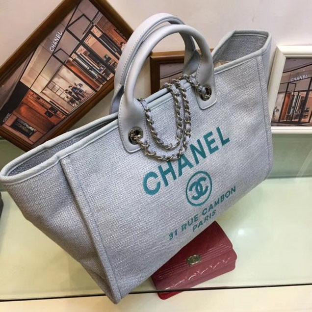 Chanel Deauville Canvas Tote Medium Shopping Bag Pale Gray/Green