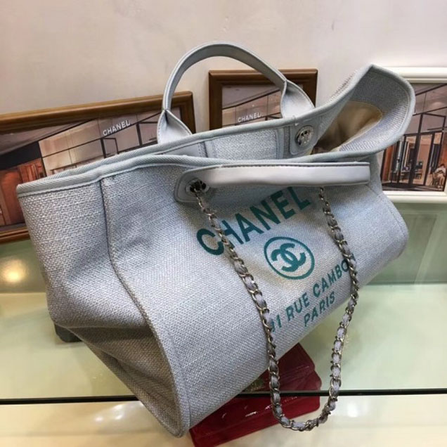 Chanel Deauville Canvas Tote Medium Shopping Bag Pale Gray/Green