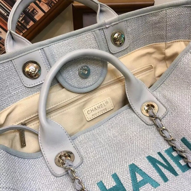 Chanel Deauville Canvas Tote Medium Shopping Bag Pale Gray/Green