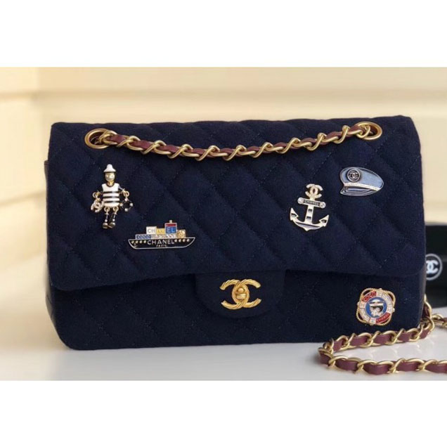 Chanel Wool with Charms Classic Flap Bag A01112 Navy Blue 2018