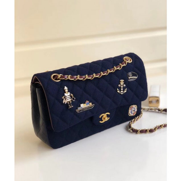Chanel Wool with Charms Classic Flap Bag A01112 Navy Blue 2018