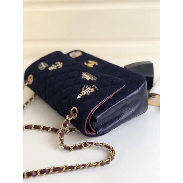 Chanel Wool with Charms Classic Flap Bag A01112 Navy Blue 2018