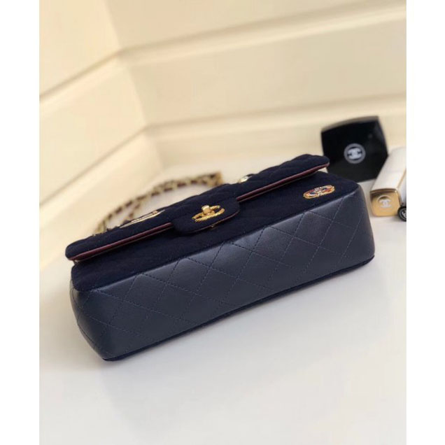 Chanel Wool with Charms Classic Flap Bag A01112 Navy Blue 2018