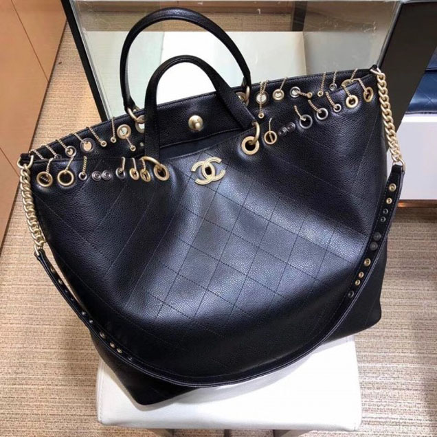Chanel Metallic Perforated Shopping Tote Bag Black 2018