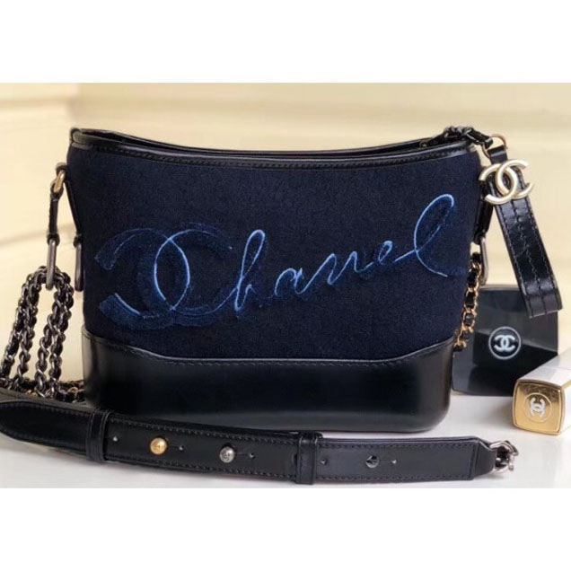 Chanel Embroidered Wool Gabrielle Small/Medium Hobo Bag A91810/A93824 Navy Blue 2018