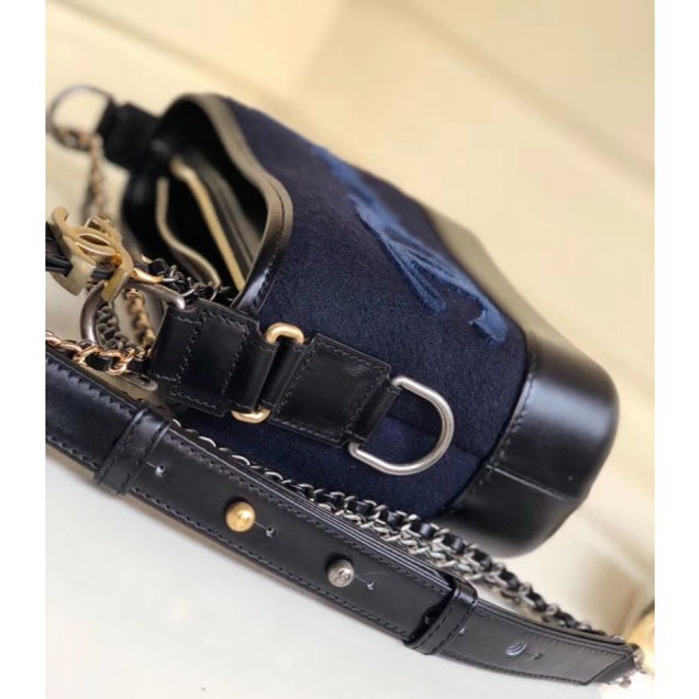 Chanel Embroidered Wool Gabrielle Small/Medium Hobo Bag A91810/A93824 Navy Blue 2018