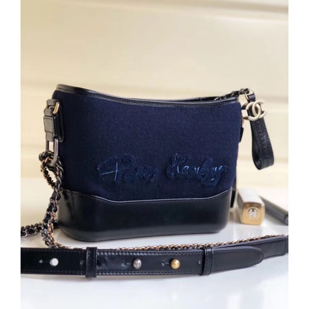 Chanel Embroidered Wool Gabrielle Small/Medium Hobo Bag A91810/A93824 Navy Blue 2018