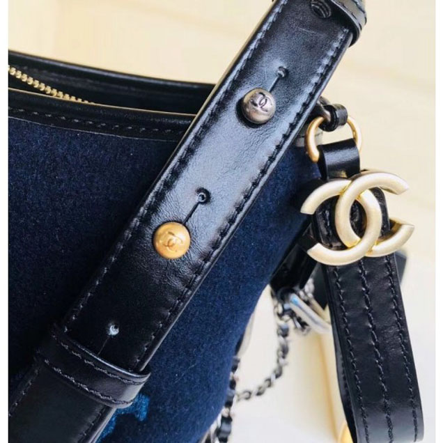 Chanel Embroidered Wool Gabrielle Small/Medium Hobo Bag A91810/A93824 Navy Blue 2018