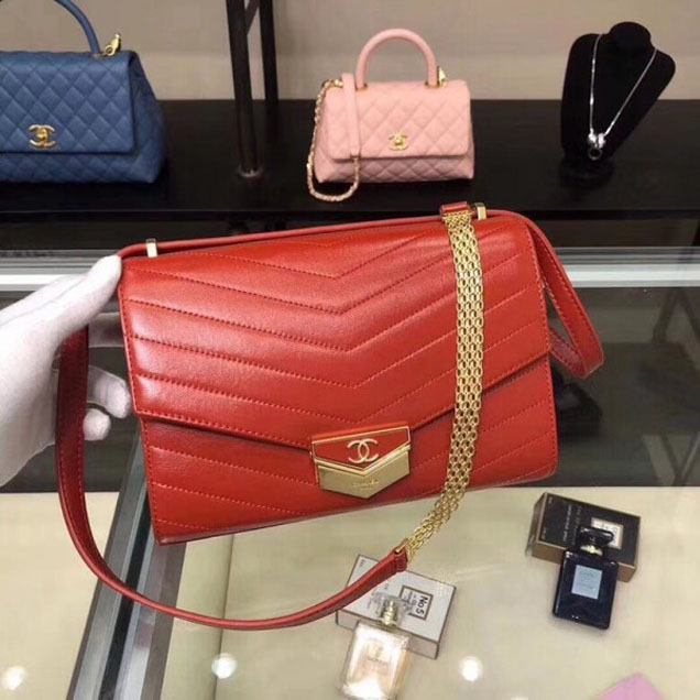 Chanel Chevron Calfskin Small Flap Bag A57491 Red 2018 Collection