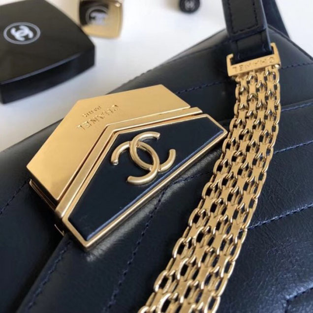 Chanel Chevron Calfskin Gold-Tone Metal Mini Flap Bag A57490 Navy Blue 2018