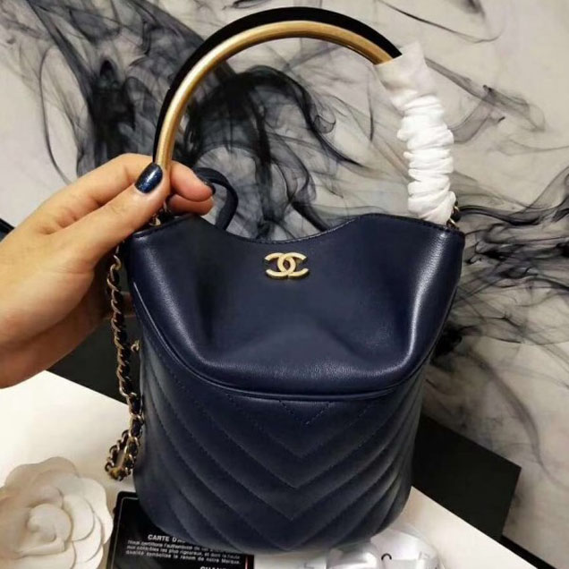 Chanel Chevron Lambskin Handle with Chic Bucket Bag A57861 Blue 2018 Collection