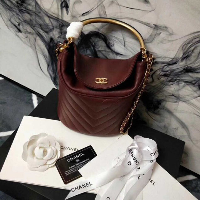 Chanel Chevron Lambskin Handle with Chic Bucket Bag A57861 Burgundy 2018 Collection