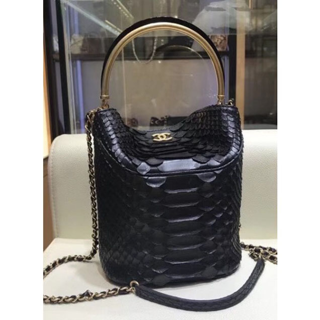 Chanel Python Skin Leather Handle with Chic Bucket Bag A57861 Black 2018