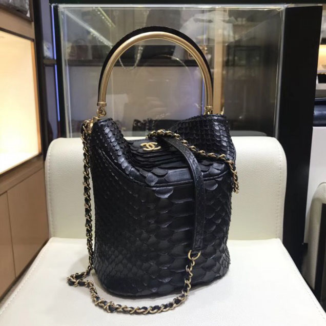 Chanel Python Skin Leather Handle with Chic Bucket Bag A57861 Black 2018