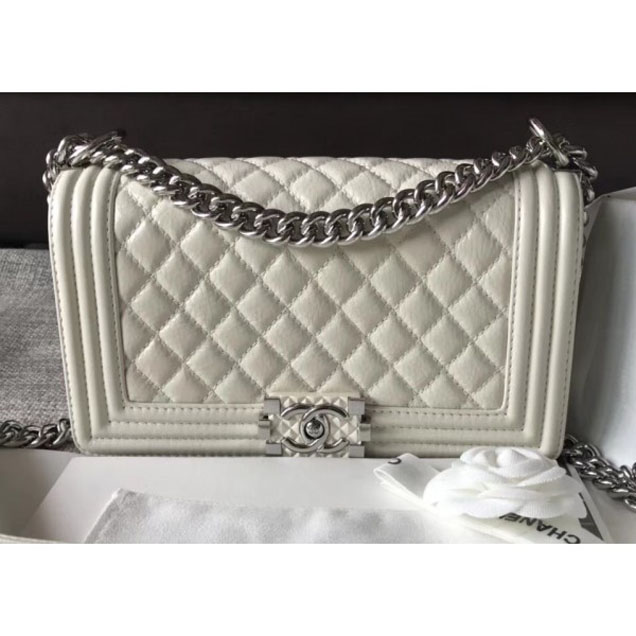 Chanel Medium Metallic Crumpled Waxy Leather Resin Boy Flap Shoulder Bag Creamy