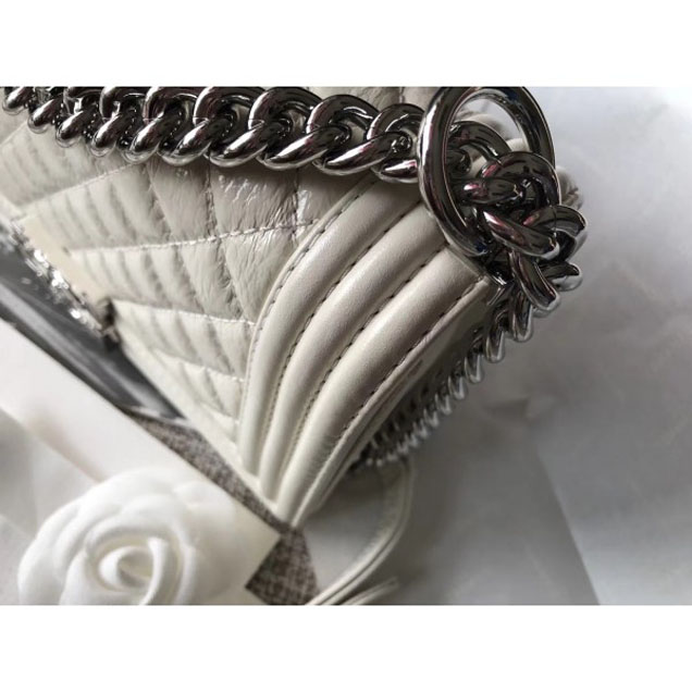 Chanel Medium Metallic Crumpled Waxy Leather Resin Boy Flap Shoulder Bag Creamy