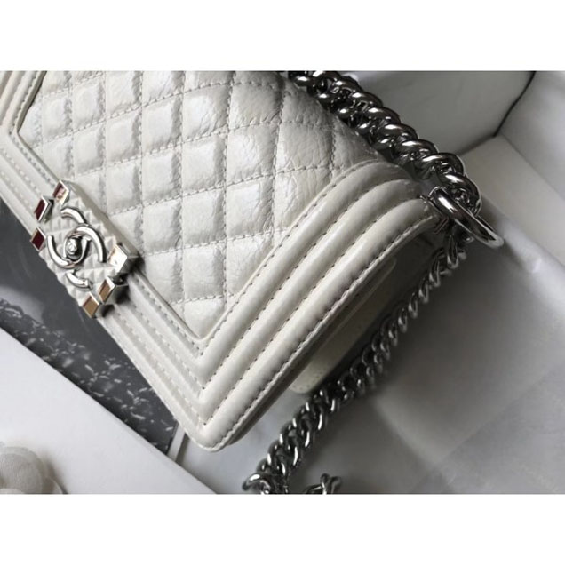 Chanel Small Metallic Crumpled Waxy Leather Resin Boy Flap Shoulder Bag Creamy