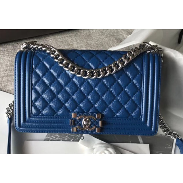 Chanel Medium Metallic Crumpled Waxy Leather Resin Boy Flap Shoulder Bag Blue