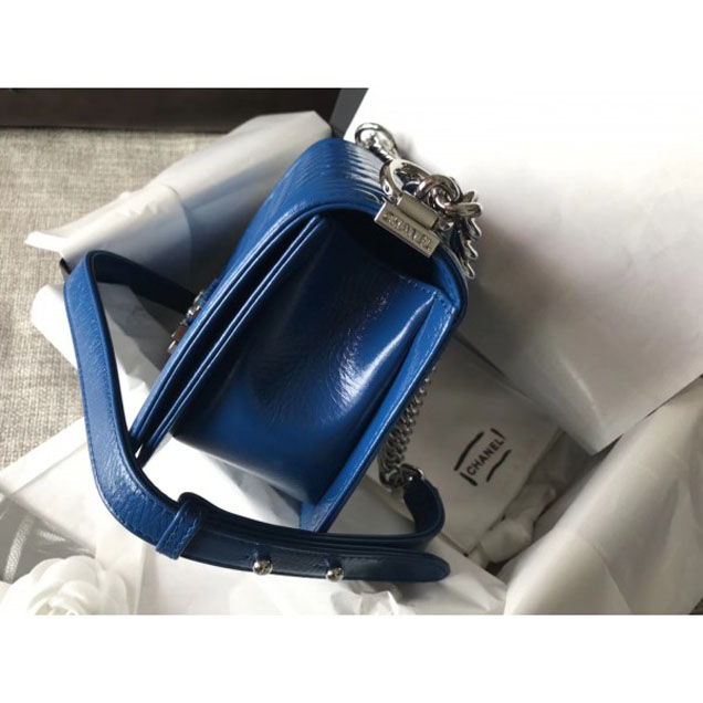 Chanel Medium Metallic Crumpled Waxy Leather Resin Boy Flap Shoulder Bag Blue