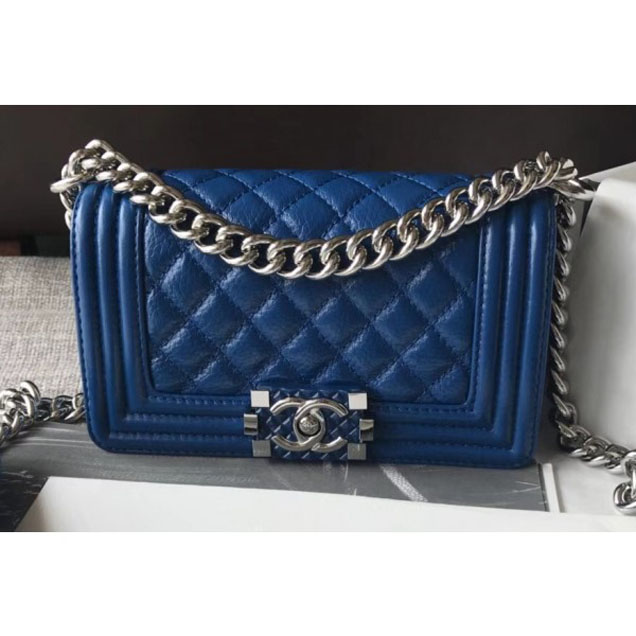 Chanel Small Metallic Crumpled Waxy Leather Resin Boy Flap Shoulder Bag Blue