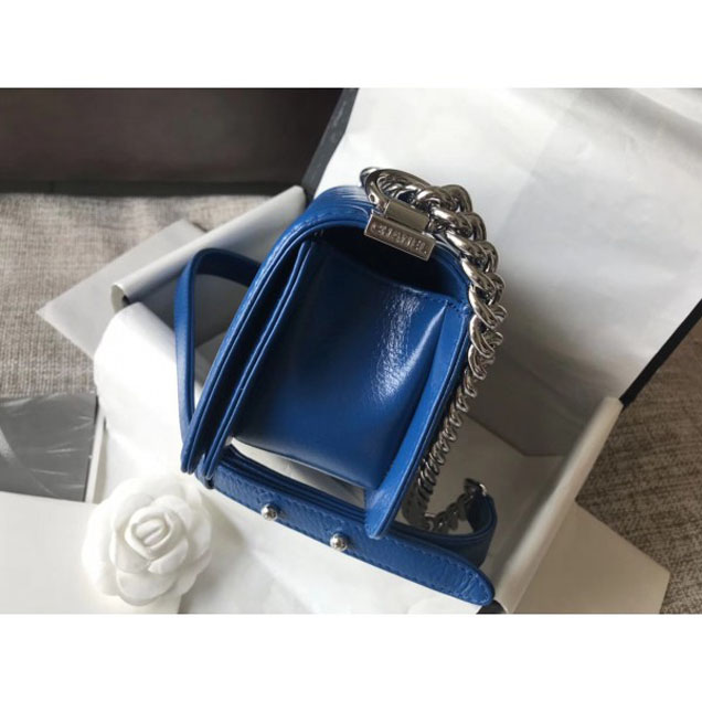 Chanel Small Metallic Crumpled Waxy Leather Resin Boy Flap Shoulder Bag Blue