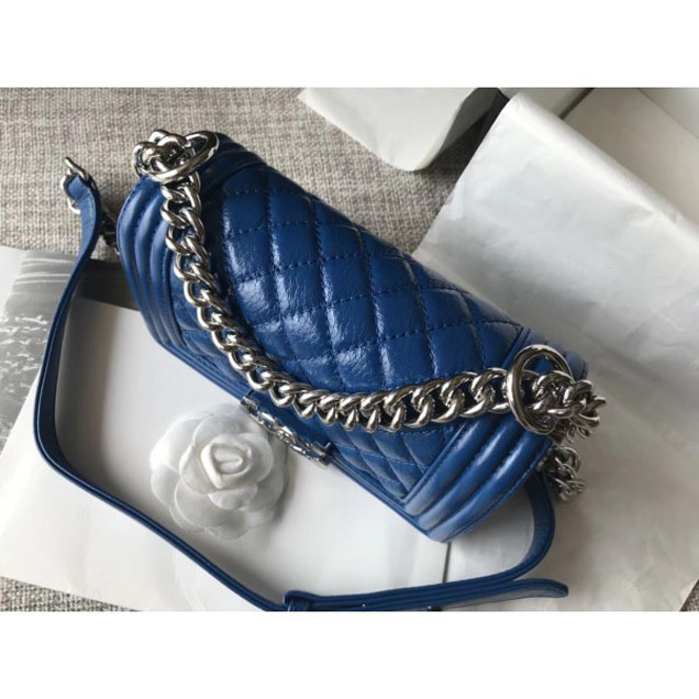 Chanel Small Metallic Crumpled Waxy Leather Resin Boy Flap Shoulder Bag Blue