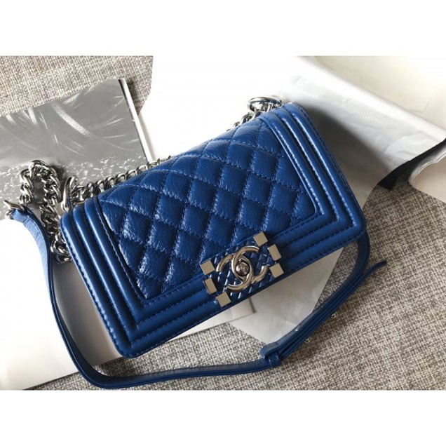 Chanel Small Metallic Crumpled Waxy Leather Resin Boy Flap Shoulder Bag Blue